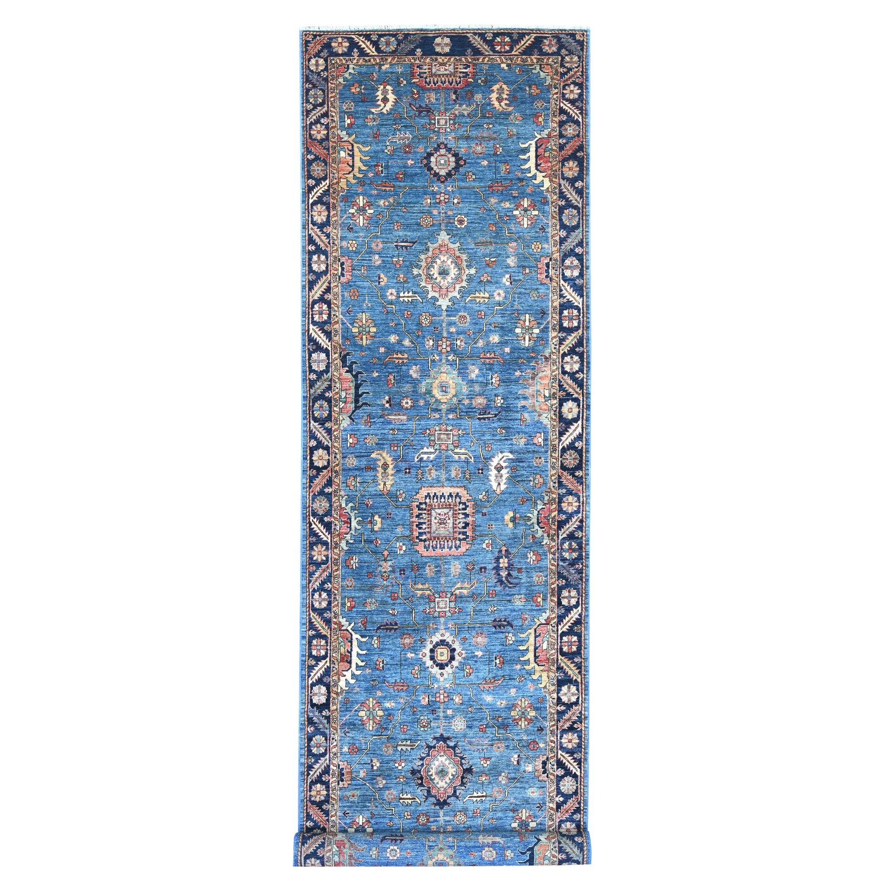 4'4"x19' Imperial Blue, Heriz All Over Design, Hand Knotted, Aryana Collection, Vegetable Dyes, High Mountain Wool, Soft Pile, Densely Woven, XL, Wide Runner, Oriental Rug 